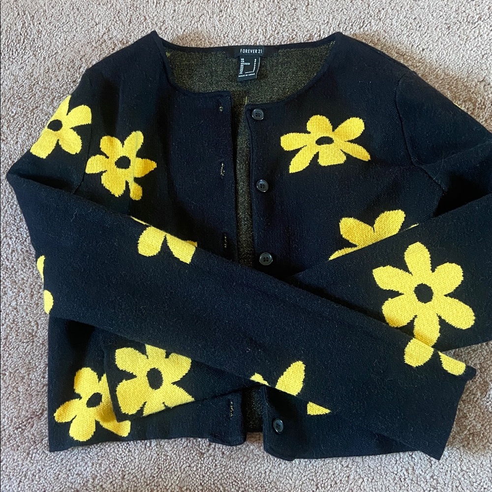 Forever 21 Black Cardigan with Yellow Floral Design